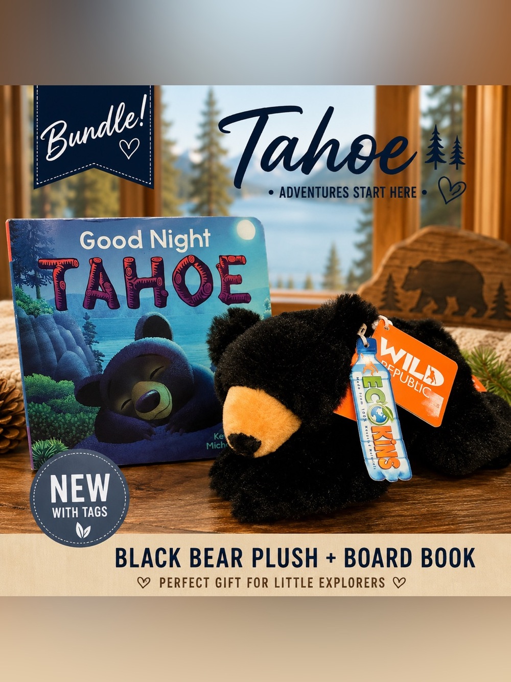 Wild Republic Black Bear Plush & Good Night Tahoe Board Book Gift Set NWT